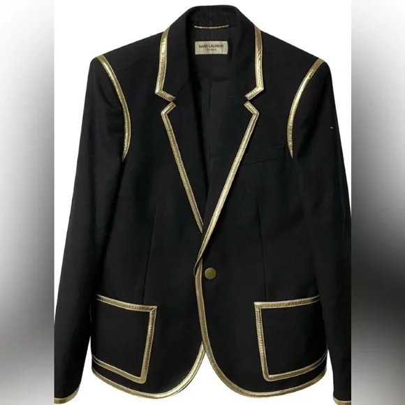 Saint Laurent Gold Trim Garbadine Blazer in Black Wool FR36